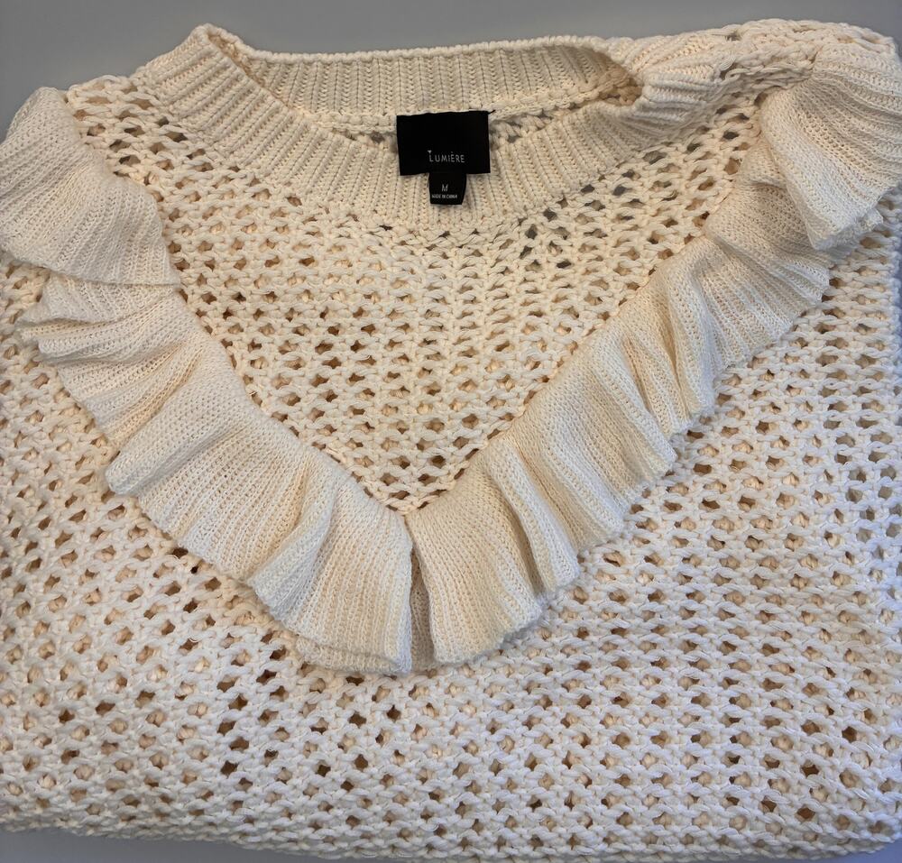 Lumière Cream Open Knit Ruffle V-Neck Sweater Size M Boho Crochet